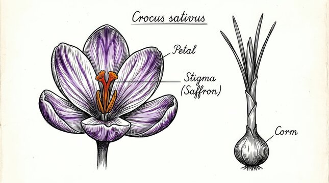 Botanical illustration of saffron crocus flower and bulb.