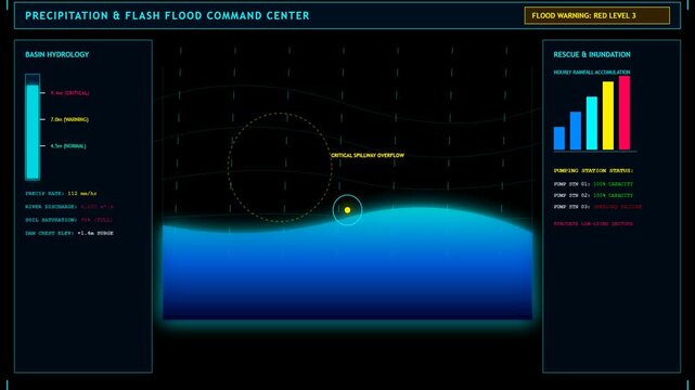 Digital Precipitation and Flash Flood Command Center Monitoring System HUD Animation Graphic