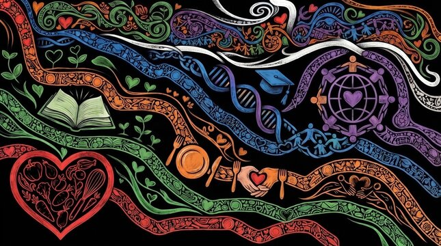 Colorful Ornamental Folk Pattern With Hearts Leaves and Geometric Symbols on Black