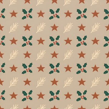 Christmas seamless pattern with stars, holly berries and pine branches on beige background. Retro festive winter holiday repeating texture.
