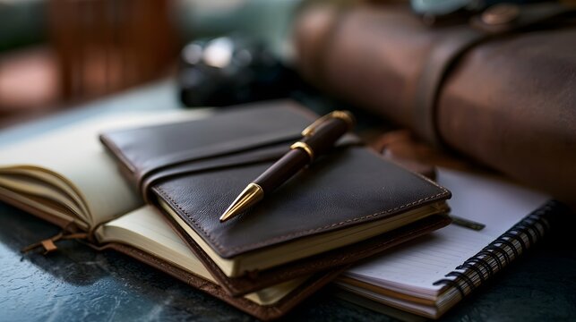 A leather bound notebook with a gold tipped pen rests atop a stack of journals on a dark surface  with a brown leather bag in the background