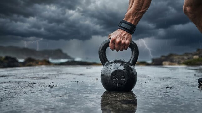 Strong Athletic Arms Grip Metal Kettlebell on Wet Ground Against Stormy Scenery Lightning Skies