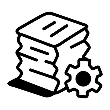 Hand-drawn doodle of stacked files beside a gear, representing employee record management, document organization, and administrative control.