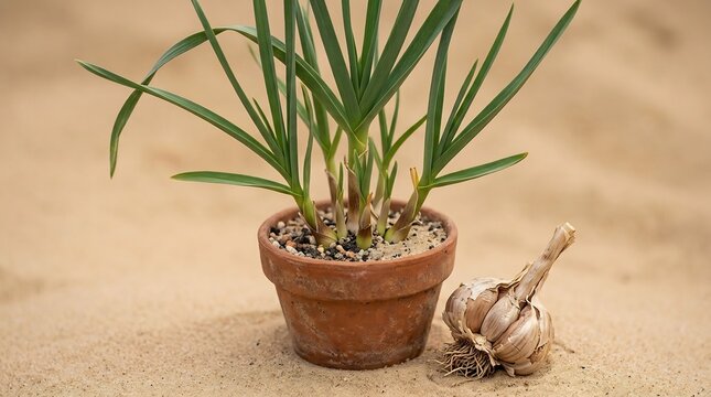 Garlic Plant in Clay Pot and Single Garlic Bulb on Sand