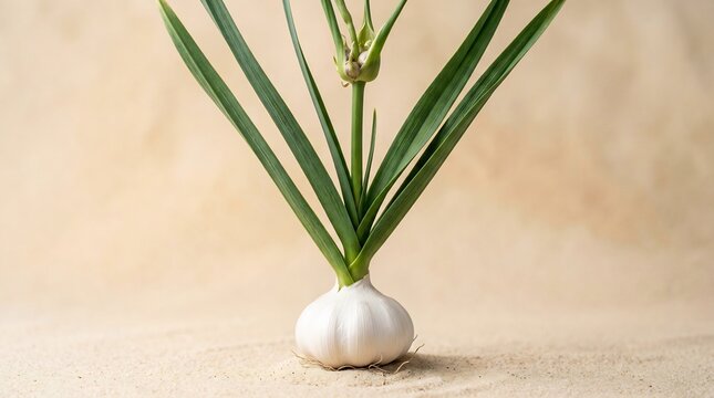 Single White Garlic Bulb Growing from Green Sprout