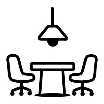 Hand-drawn doodle of a table with chairs beneath a hanging lamp, representing a shared workspace for team collaboration, meetings, and group work.