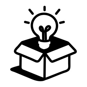 Hand-drawn doodle of a glowing light bulb emerging from a box, representing creative solutions, ideas, and innovative workplace thinking for teams.