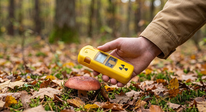 Hand holding geiger counter checking mushroom in autumn forest, radioactivity detection and environmental research