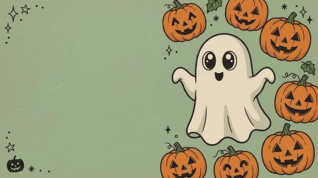 Retro cartoon ghost and orange pumpkins drawing on green background with copy space