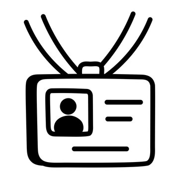 Hand-drawn doodle of an identification badge with a profile, representing an employee badge used for workplace identity, access, and recognition.