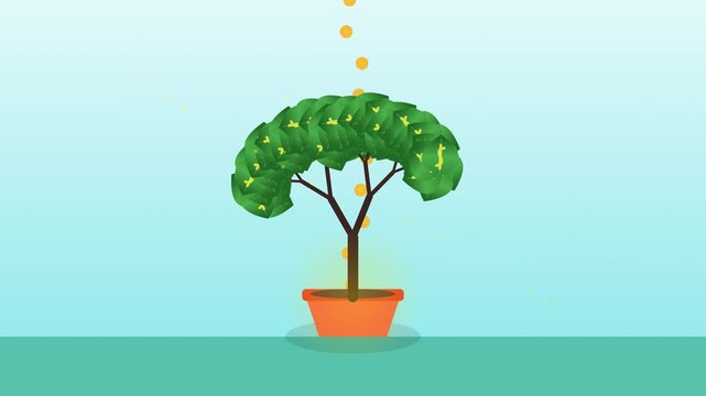 Money tree growing with falling gold coins for investment concept
