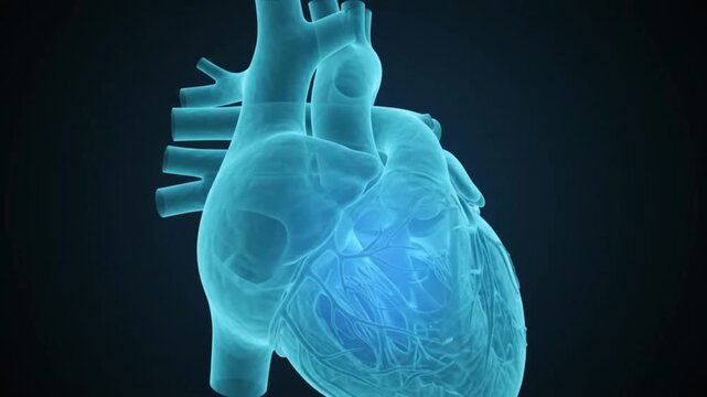 3D Medical Animation of a Blue Transparent Human Heart with Glowing Pulse on Dark Background
