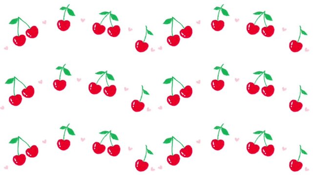 Cute cherry pattern seamless animation with hearts floating on white background