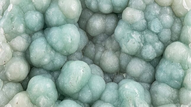 Macro close-up of botryoidal smithsonite mineral with rounded, pale green crystal formations