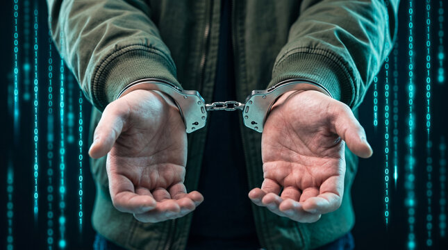 Person with handcuffed hands exposed against binary code background, cybercrime and legal consequences