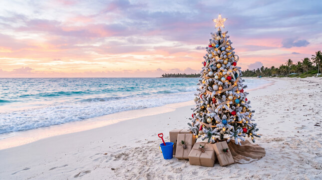 Christmas tree on a tropical beach at sunset with soft pink and orange clouds perfect for holiday travel promos