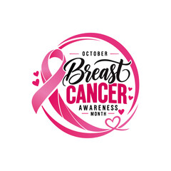 Obraz premium October breast cancer awareness month logo with pink ribbon and hearts for charity event marketing.