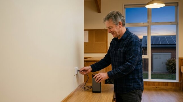 Inclusive Design Creating Accessibility and Universal Access, Man plugging in a power cable in a sunlit room with solar panels visible outside the window.