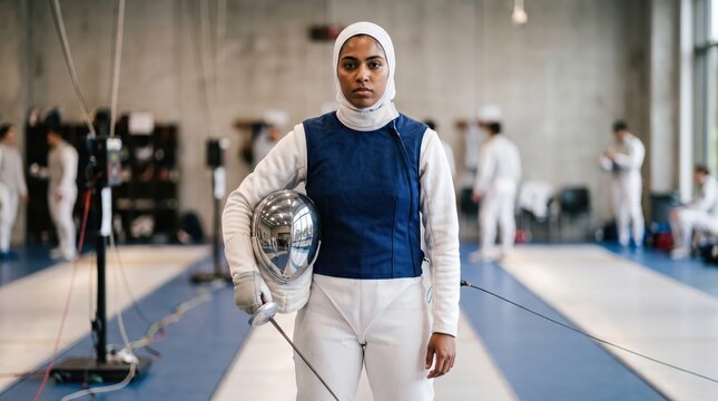 Fencer holding mask and foil on indoor fencing piste. Women&rsquo;s fencing and competitive sport. Precision, athletic discipline and martial arts training. Fencing practice and competition.