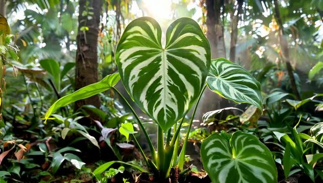 Lush green variegated leaves of alocasia or philodendron stand tall in a dense jungle forest. Sunlight filters through the trees creating warm glow. Nature thrives in vibrant setting. Generative AI.