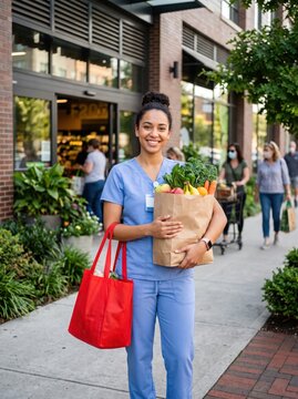 Healthcare worker in blue scrubs carries fresh groceries outside a neighborhood market. Grocery shopping and healthy eating. Work life balance and nutrition. Reusable bag and community food