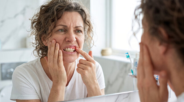 Mature woman suffering gum pain touching bleeding gums in bathroom mirror, gingivitis and oral health problem