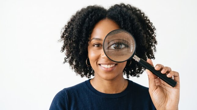 Smiling woman examining her eye through a magnifying glass against a white background. Curiosity and close inspection. Research, discovery and attention to detail. Eye care concept.