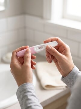 Hands holding a positive pregnancy test. Early pregnancy confirmation and family planning. Fertility, conception and reproductive health. Expecting a baby, maternity and parenthood.