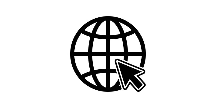 Global web browser search icon showing globe grid and clicking cursor pointer.