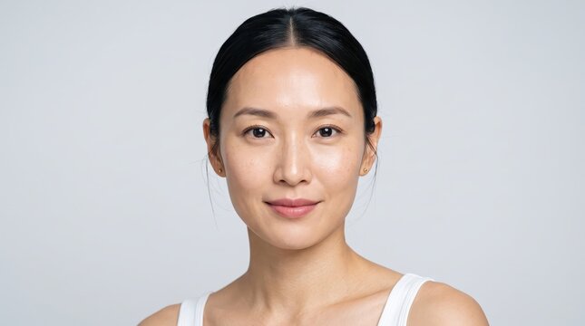 Woman with clear skin facing camera against plain gray background. Clean beauty portrait for skincare and cosmetics. Natural makeup and healthy complexion. Wellness and personal care.
