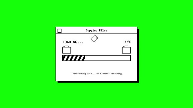 Retro computer file transfer windows loading on green screen