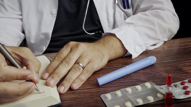 Doctor handling Semaglutide GLP-1 injection pens and writing notes in a medical journal at a clinic desk for diabetes treatment, demonstrating clinical prescription management and patient care.