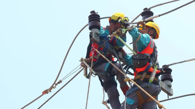 The connection of broken cables in the 3-phase electrical network is carried out carefully by electrical officers wearing complete PPE.