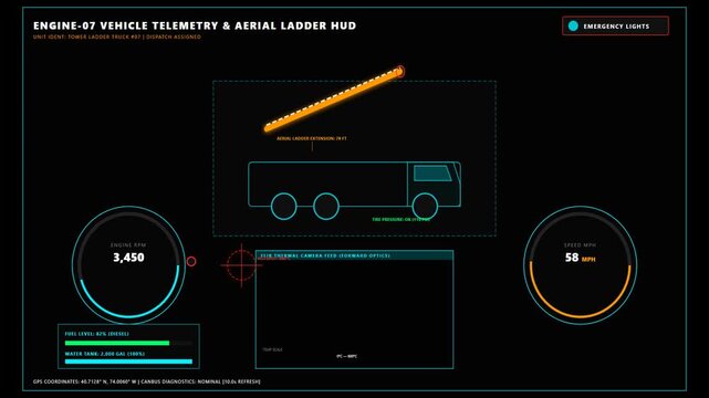 Digital HUD Interface Showing Fire Truck Vehicle Telemetry Data and Aerial Ladder Extension Metrics