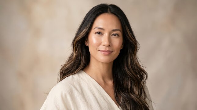 Woman with long dark hair posing for a studio headshot against a neutral beige background. Professional portrait for personal branding. Beauty, wellness and personal care concept.