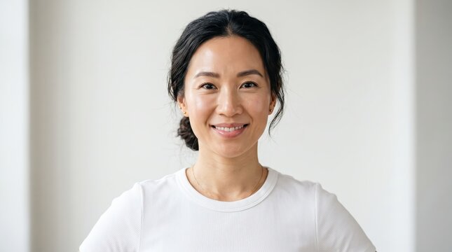 Smiling woman facing camera against a plain neutral background. Friendly professional portrait for business communication. Personal branding and approachable leadership.