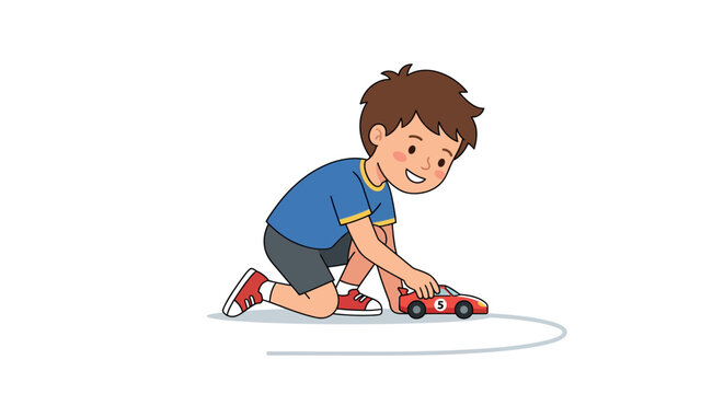 Boy playing with a red race car colorful vector illustration