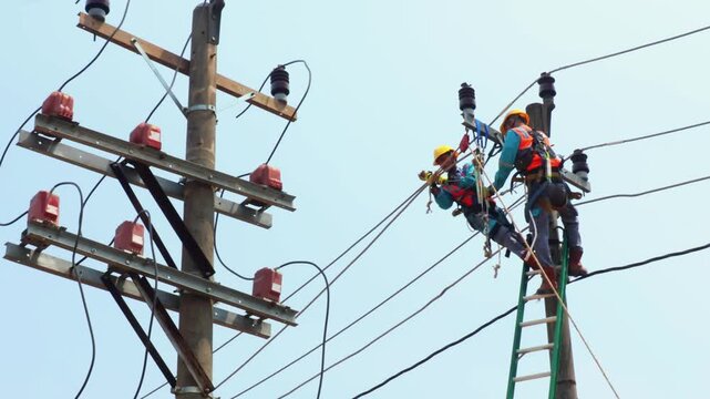 Two Electrical Technicians Wearing Full PPE Pulling Power Cable on Utility Pole Using Pulley Hoist Equipment
