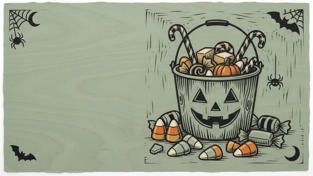 Spooky woodcut style halloween treat bucket on green copy space