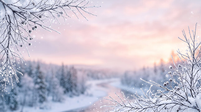 Frosty winter river landscape at sunset with snowy pine trees and purple sky perfect for peaceful nature greetings