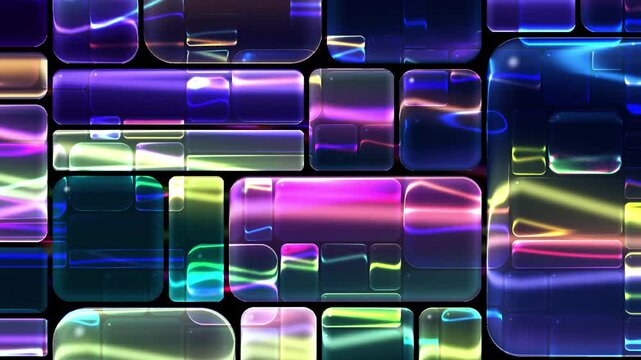 Glowing neon glass blocks with colorful light reflections