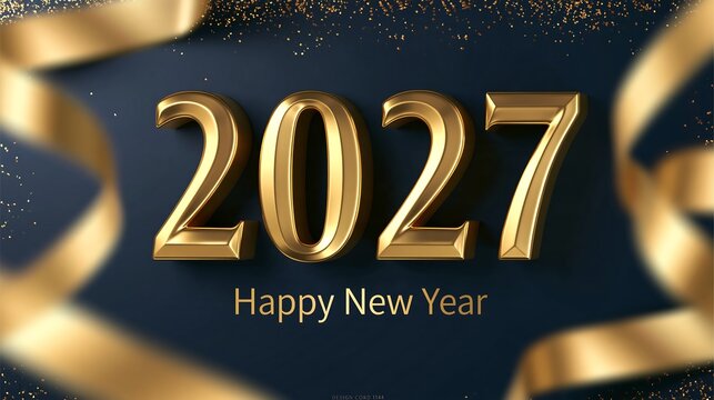 Gold 3 d numbers 2027 with happy new year text, surrounded by flowing ribbons and glittering particles on a dark blue background
