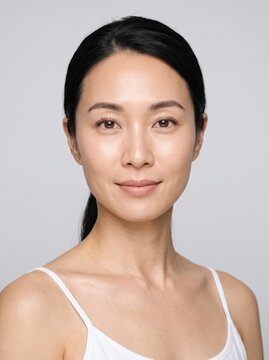 Woman facing camera in clean beauty portrait on neutral studio background. Skincare and natural complexion. Beauty care, wellness and personal care concepts. Professional headshot