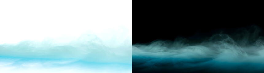 Fototapeta premium Smoke flowing in cool cyan and aqua waves along the ground for dreamy overlays and backgrounds in PNG, Transparent and Black Background Versions