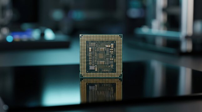 Close-up of a microprocessor chip on a reflective surface in a tech lab setting