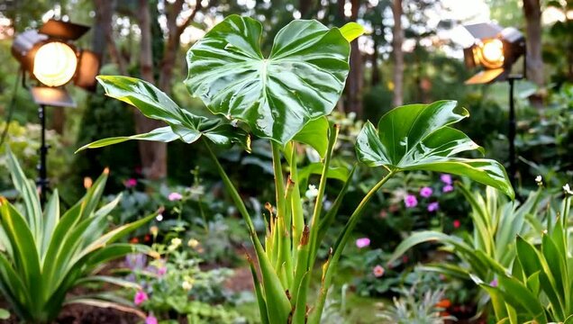 Alocasia plants thrive in jungle setting filled with greenery. Bright light creates highlights on leaves. Flowers add color to vibrant environment. Nature awakens in morning warm rain. Generative AI.