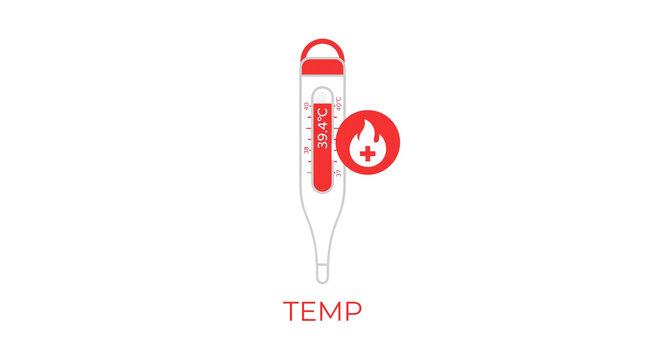 Digital medical thermometer showing high temperature fever, red fever indicator icon, health care diagnostic equipment graphic