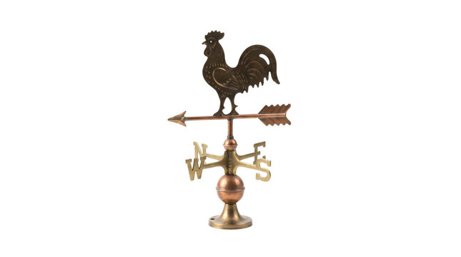 Vintage copper rooster weather vane on white background, rustic metal weathercock with cardinal points, antique wind direction indicator for rustic decor
