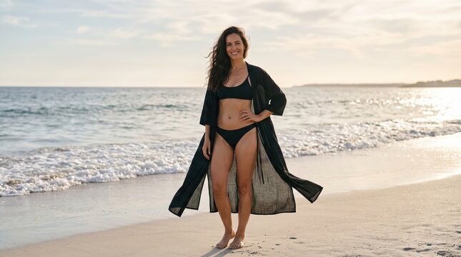 Woman standing on beach in black swimsuit and flowing cover-up. Swimwear fashion and body confidence. Summer beach lifestyle. Coastal self-care and body positivity. Personal wellness.