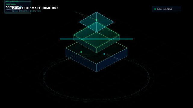 Futuristic Digital Isometric Smart Home Hub Interface HUD Animation for Cybernetic Spatial Data